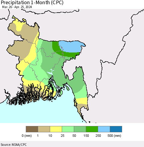Bangladesh Precipitation 1-Month (CPC) Thematic Map For 3/26/2024 - 4/25/2024