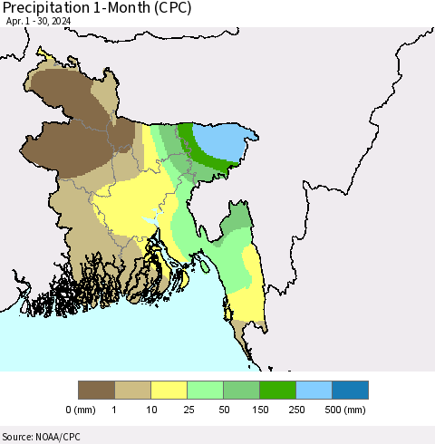 Bangladesh Precipitation 1-Month (CPC) Thematic Map For 4/1/2024 - 4/30/2024