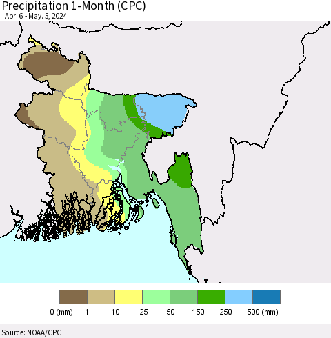 Bangladesh Precipitation 1-Month (CPC) Thematic Map For 4/6/2024 - 5/5/2024