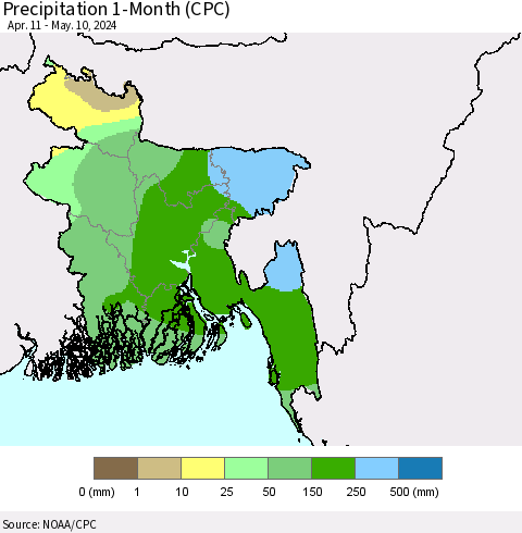 Bangladesh Precipitation 1-Month (CPC) Thematic Map For 4/11/2024 - 5/10/2024