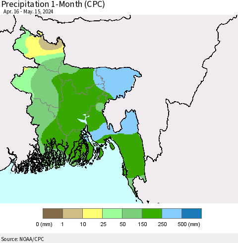 Bangladesh Precipitation 1-Month (CPC) Thematic Map For 4/16/2024 - 5/15/2024