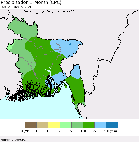 Bangladesh Precipitation 1-Month (CPC) Thematic Map For 4/21/2024 - 5/20/2024