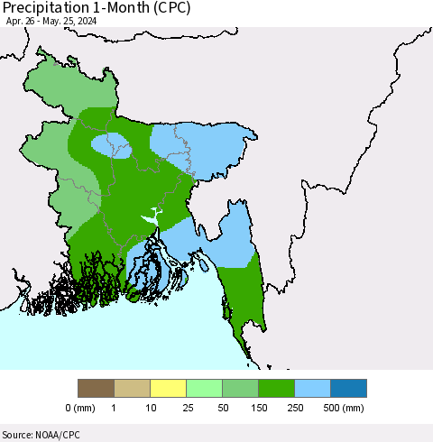 Bangladesh Precipitation 1-Month (CPC) Thematic Map For 4/26/2024 - 5/25/2024