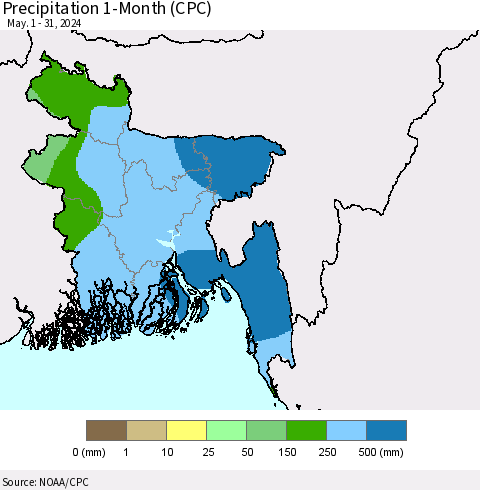 Bangladesh Precipitation 1-Month (CPC) Thematic Map For 5/1/2024 - 5/31/2024