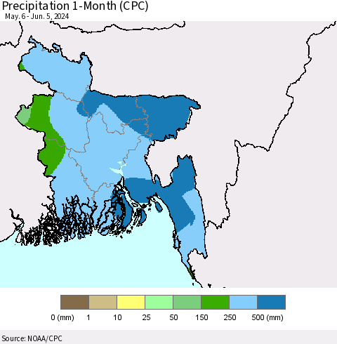 Bangladesh Precipitation 1-Month (CPC) Thematic Map For 5/6/2024 - 6/5/2024