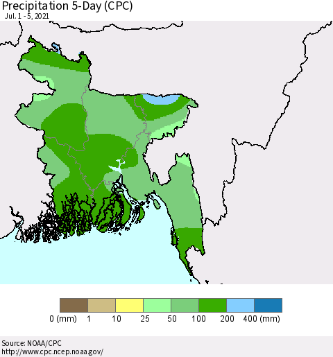 Bangladesh Precipitation 5-Day (CPC) Thematic Map For 7/1/2021 - 7/5/2021