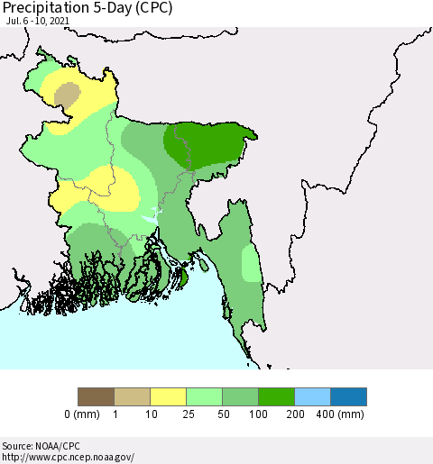 Bangladesh Precipitation 5-Day (CPC) Thematic Map For 7/6/2021 - 7/10/2021
