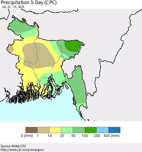 Bangladesh Precipitation 5-Day (CPC) Thematic Map For 7/11/2021 - 7/15/2021