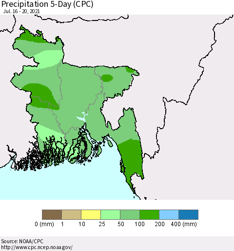 Bangladesh Precipitation 5-Day (CPC) Thematic Map For 7/16/2021 - 7/20/2021
