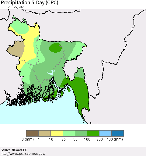 Bangladesh Precipitation 5-Day (CPC) Thematic Map For 7/21/2021 - 7/25/2021