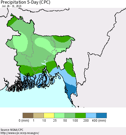 Bangladesh Precipitation 5-Day (CPC) Thematic Map For 7/26/2021 - 7/31/2021