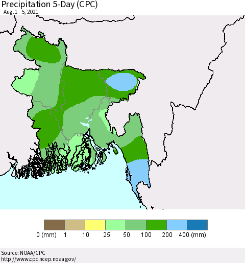 Bangladesh Precipitation 5-Day (CPC) Thematic Map For 8/1/2021 - 8/5/2021
