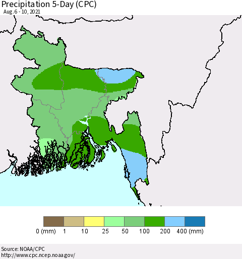 Bangladesh Precipitation 5-Day (CPC) Thematic Map For 8/6/2021 - 8/10/2021