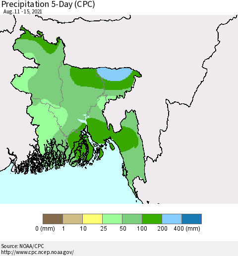 Bangladesh Precipitation 5-Day (CPC) Thematic Map For 8/11/2021 - 8/15/2021