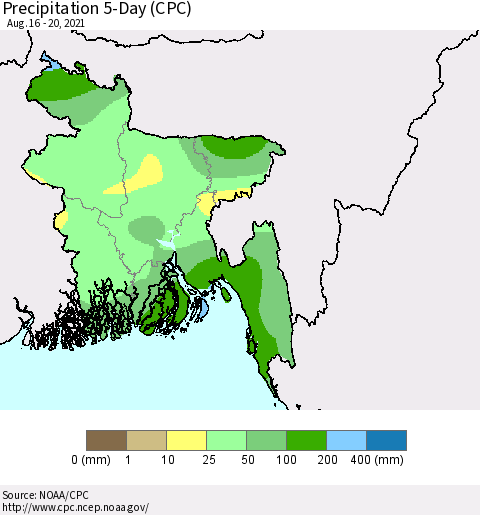Bangladesh Precipitation 5-Day (CPC) Thematic Map For 8/16/2021 - 8/20/2021