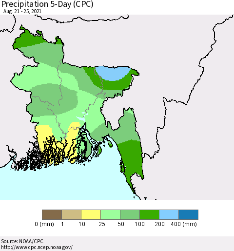 Bangladesh Precipitation 5-Day (CPC) Thematic Map For 8/21/2021 - 8/25/2021