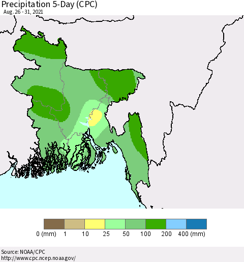 Bangladesh Precipitation 5-Day (CPC) Thematic Map For 8/26/2021 - 8/31/2021