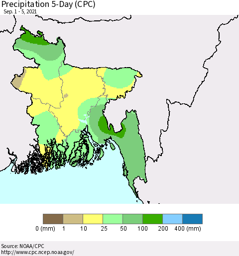 Bangladesh Precipitation 5-Day (CPC) Thematic Map For 9/1/2021 - 9/5/2021