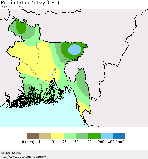 Bangladesh Precipitation 5-Day (CPC) Thematic Map For 9/6/2021 - 9/10/2021