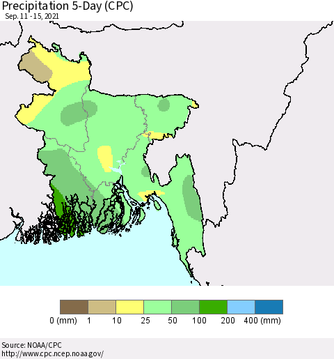 Bangladesh Precipitation 5-Day (CPC) Thematic Map For 9/11/2021 - 9/15/2021