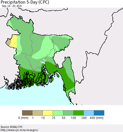 Bangladesh Precipitation 5-Day (CPC) Thematic Map For 9/16/2021 - 9/20/2021