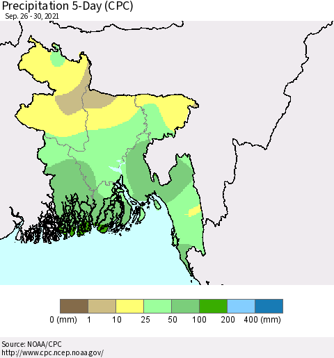 Bangladesh Precipitation 5-Day (CPC) Thematic Map For 9/26/2021 - 9/30/2021