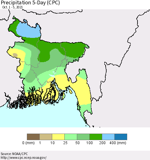 Bangladesh Precipitation 5-Day (CPC) Thematic Map For 10/1/2021 - 10/5/2021
