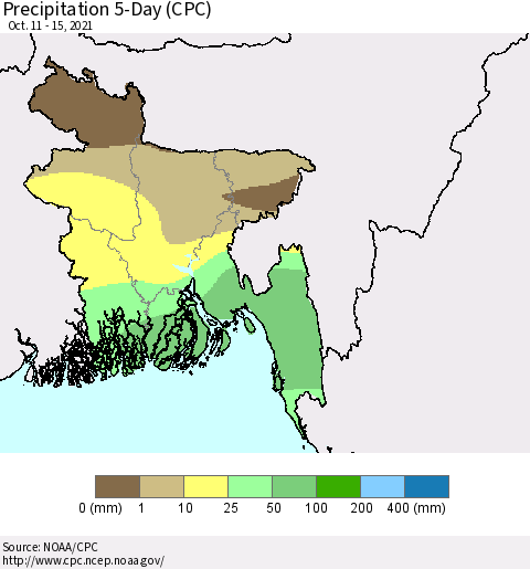 Bangladesh Precipitation 5-Day (CPC) Thematic Map For 10/11/2021 - 10/15/2021