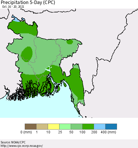Bangladesh Precipitation 5-Day (CPC) Thematic Map For 10/16/2021 - 10/20/2021
