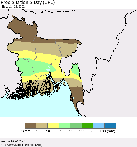 Bangladesh Precipitation 5-Day (CPC) Thematic Map For 11/11/2021 - 11/15/2021