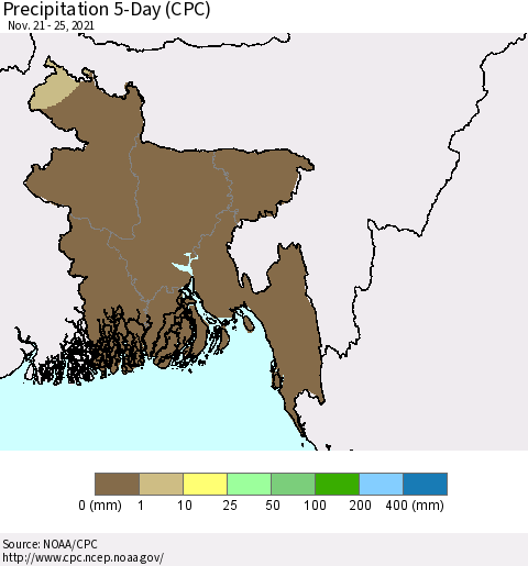 Bangladesh Precipitation 5-Day (CPC) Thematic Map For 11/21/2021 - 11/25/2021