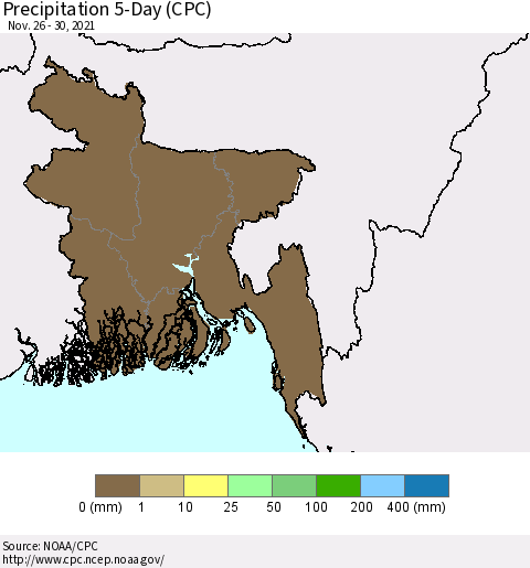 Bangladesh Precipitation 5-Day (CPC) Thematic Map For 11/26/2021 - 11/30/2021