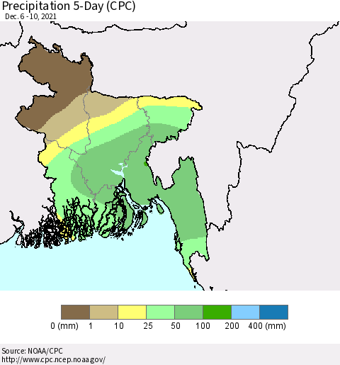 Bangladesh Precipitation 5-Day (CPC) Thematic Map For 12/6/2021 - 12/10/2021