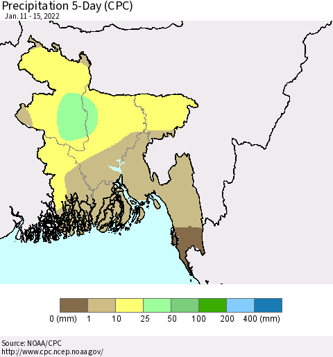 Bangladesh Precipitation 5-Day (CPC) Thematic Map For 1/11/2022 - 1/15/2022