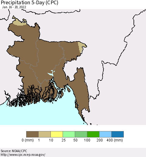Bangladesh Precipitation 5-Day (CPC) Thematic Map For 1/16/2022 - 1/20/2022