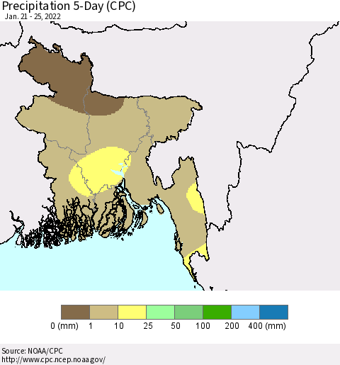 Bangladesh Precipitation 5-Day (CPC) Thematic Map For 1/21/2022 - 1/25/2022
