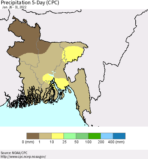 Bangladesh Precipitation 5-Day (CPC) Thematic Map For 1/26/2022 - 1/31/2022