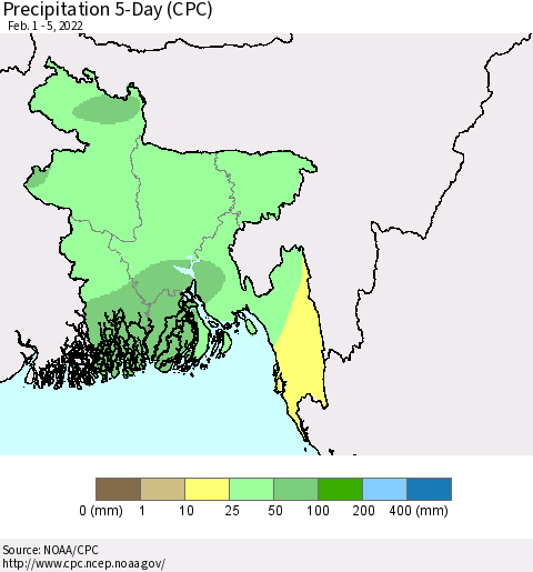 Bangladesh Precipitation 5-Day (CPC) Thematic Map For 2/1/2022 - 2/5/2022