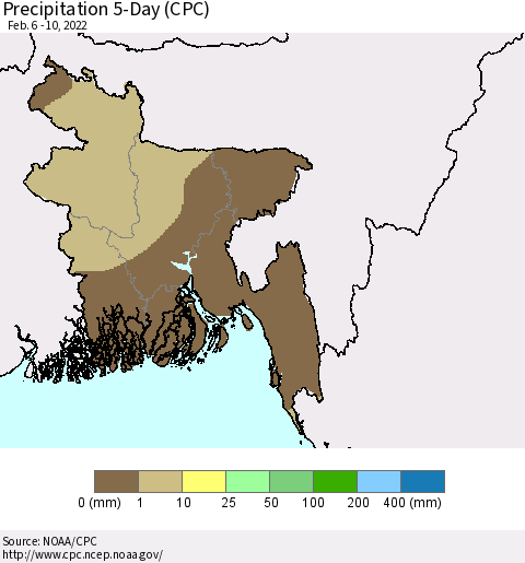 Bangladesh Precipitation 5-Day (CPC) Thematic Map For 2/6/2022 - 2/10/2022