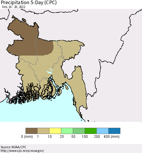 Bangladesh Precipitation 5-Day (CPC) Thematic Map For 2/16/2022 - 2/20/2022