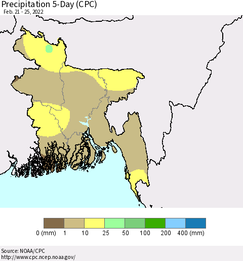Bangladesh Precipitation 5-Day (CPC) Thematic Map For 2/21/2022 - 2/25/2022