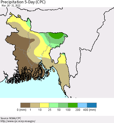 Bangladesh Precipitation 5-Day (CPC) Thematic Map For 3/26/2022 - 3/31/2022