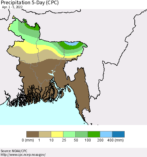 Bangladesh Precipitation 5-Day (CPC) Thematic Map For 4/1/2022 - 4/5/2022