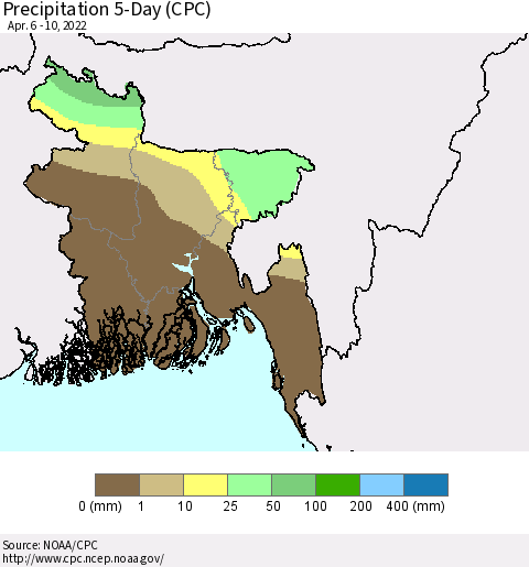 Bangladesh Precipitation 5-Day (CPC) Thematic Map For 4/6/2022 - 4/10/2022