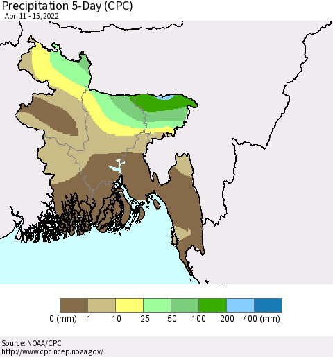Bangladesh Precipitation 5-Day (CPC) Thematic Map For 4/11/2022 - 4/15/2022