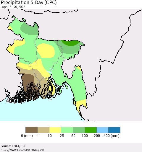 Bangladesh Precipitation 5-Day (CPC) Thematic Map For 4/16/2022 - 4/20/2022
