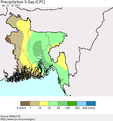 Bangladesh Precipitation 5-Day (CPC) Thematic Map For 4/21/2022 - 4/25/2022