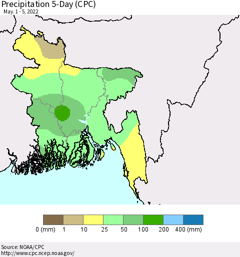 Bangladesh Precipitation 5-Day (CPC) Thematic Map For 5/1/2022 - 5/5/2022