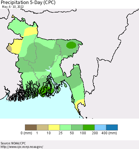 Bangladesh Precipitation 5-Day (CPC) Thematic Map For 5/6/2022 - 5/10/2022