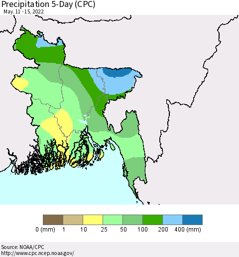 Bangladesh Precipitation 5-Day (CPC) Thematic Map For 5/11/2022 - 5/15/2022